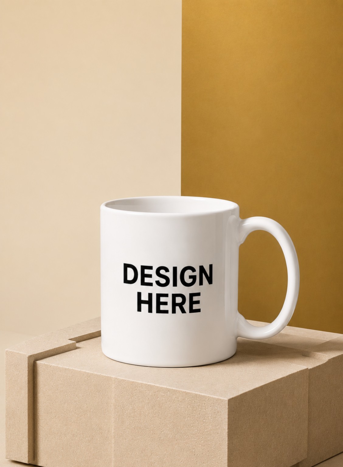 Custom mug with Design Here on a cardboard box